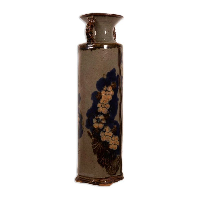 Modern Late 20th Century Tall Glazed Pottery Decorative Floral Floor Double Handle Multicolor Vase For Sale - Image 3 of 9
