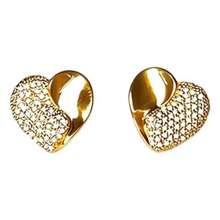 Late 20th Century Pair of 14K Yellow Gold Pave Diamond Heart Stud Earrings For Sale