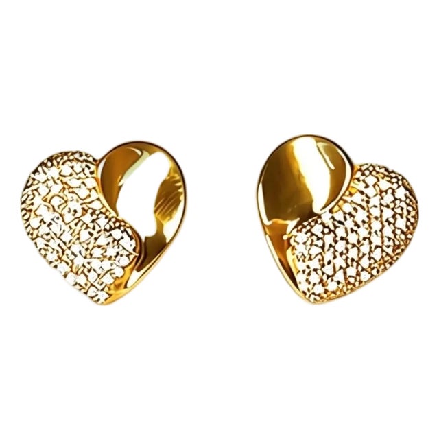 Late 20th Century Pair of 14K Yellow Gold Pave Diamond Heart Stud Earrings For Sale