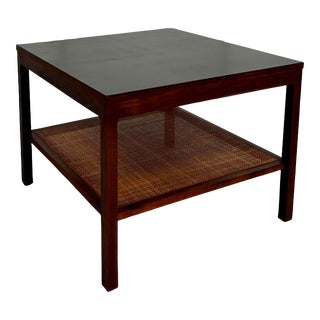 70s Walnut Side Table With Cane Shelf For Sale
