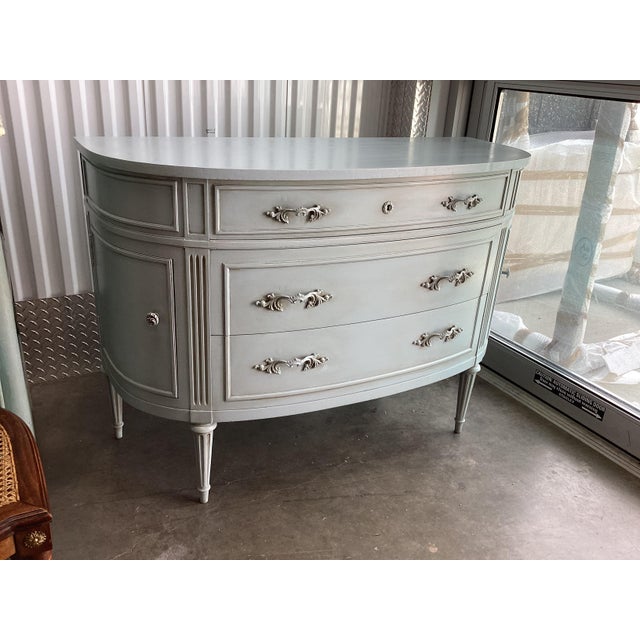 Stunning Louis XVI-style Blue Demi-Lune Painted Dresser For Sale - Image 9 of 9