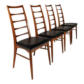 Set of 4 Danish Modern "Lis" Ladderback Dining Chairs in Walnut by Niels Koefoed for Koefoeds Hornslet, Denmark, Circa 1960s For Sale