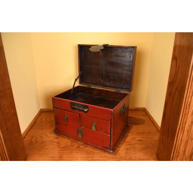 Red Antique Chinese Red Lacquered Wooden Chest For Sale - Image 8 of 11