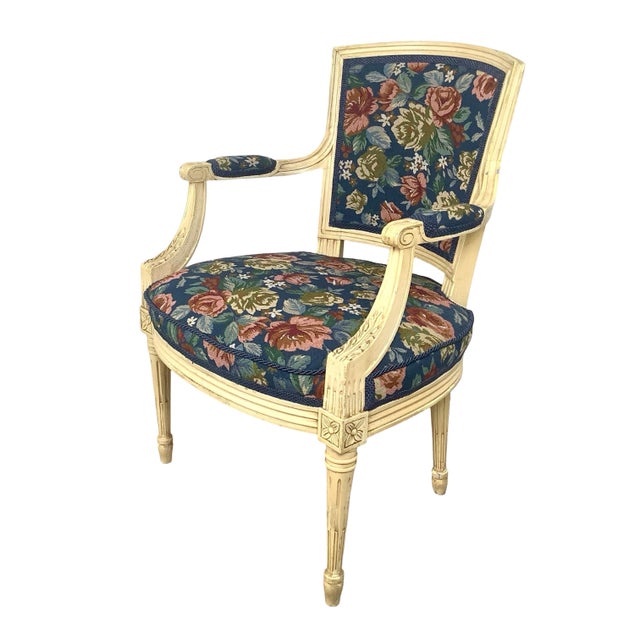 French Provincial Louis XVI Style Painted Fauteuil, Vintage French Provincial Armchair For Sale - Image 3 of 18