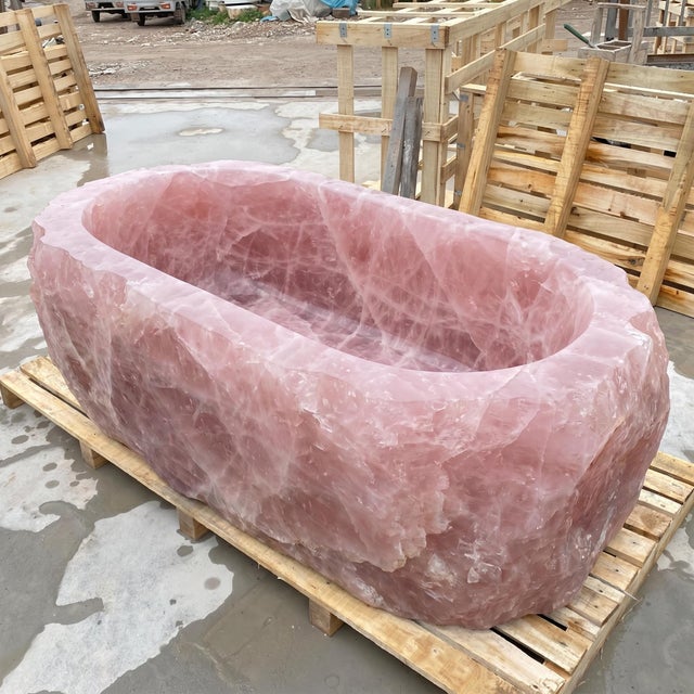 Luxury Natural Rose Quartz Freestanding Bathtub, Handcrafted Pink Crystal Stone Soaking Tub For Sale - Image 9 of 9