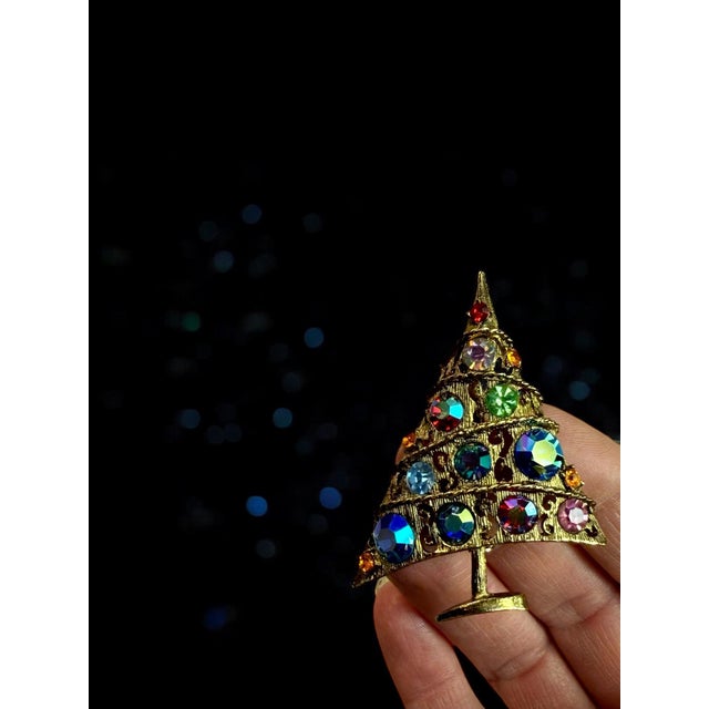 Vintage WEISS Signed Aurora Borealis Multi Color Rivoli Rhinestones Antique Gold Tone Christmas Tree Brooch-1960’s 2 1/4"...