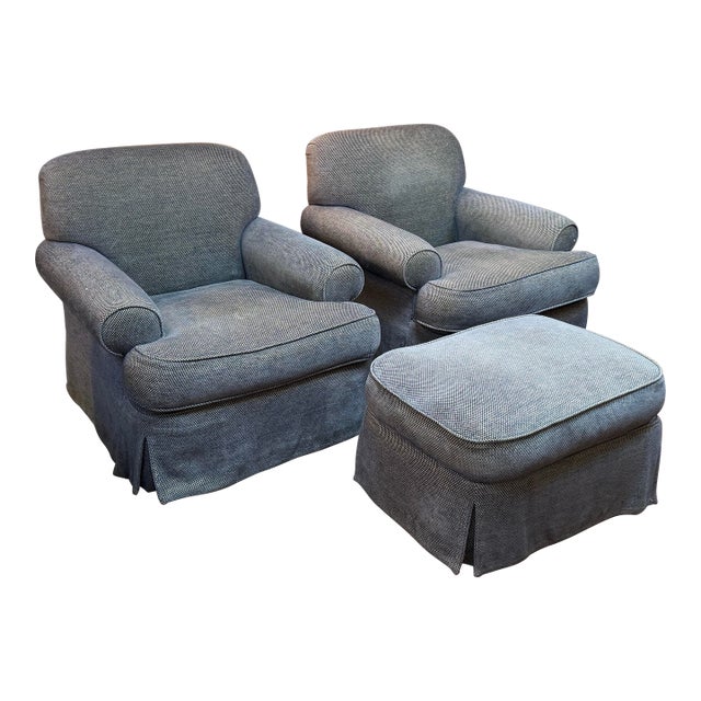 Custom Design Roll Arm Chairs + Ottoman, Set of Three For Sale