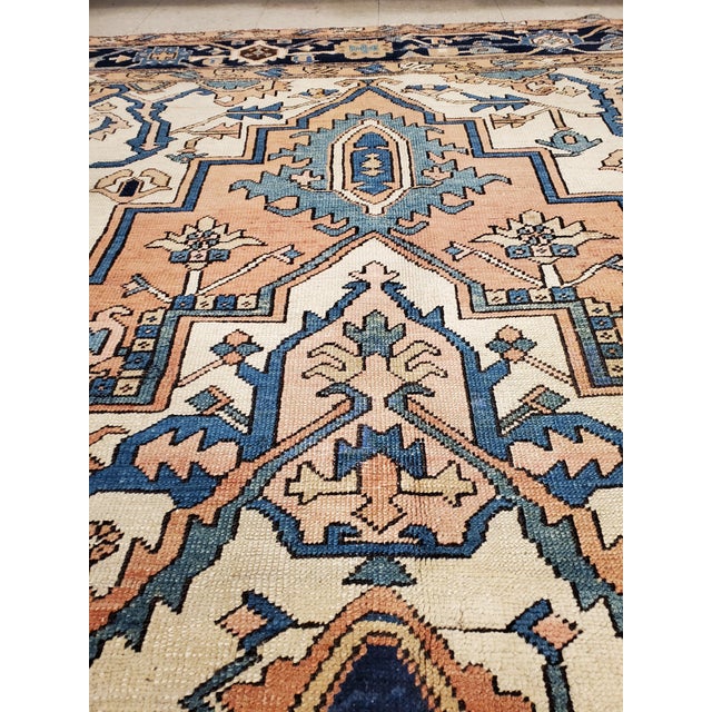 Antique Persian Serapi Carpet, Geometric, Ivory Hand Knotted Wool Oriental Rug For Sale - Image 9 of 18