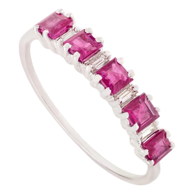 Square Cut Natural Ruby & Diamond Geometric Stacking Ring Size 7 in 14k Gold For Sale