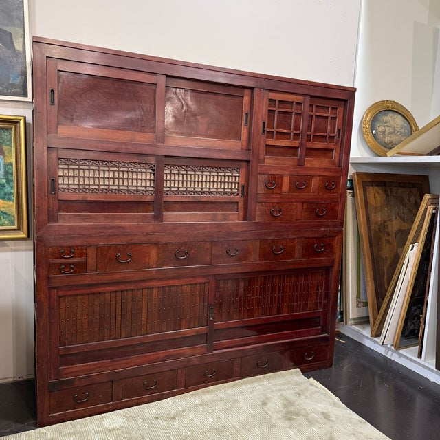 Antique Japanese Mizuya-Dansu Cabinet – Meiji/Taisho Period Kitchen Chest With Lattice Doors, Bamboo Paneling & Multiple Drawers For Sale - Image 4 of 12