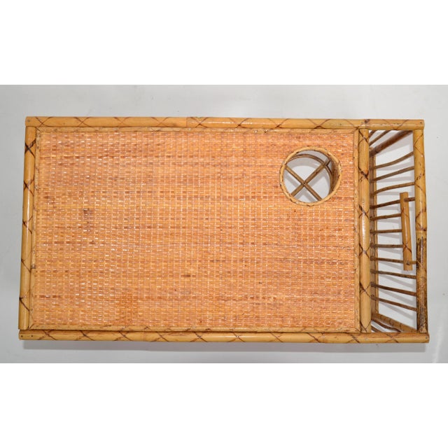 1970s Bohemian Handwoven Reed Caning Bamboo Breakfast Bed Tray Table Cup Book Holder For Sale - Image 9 of 12