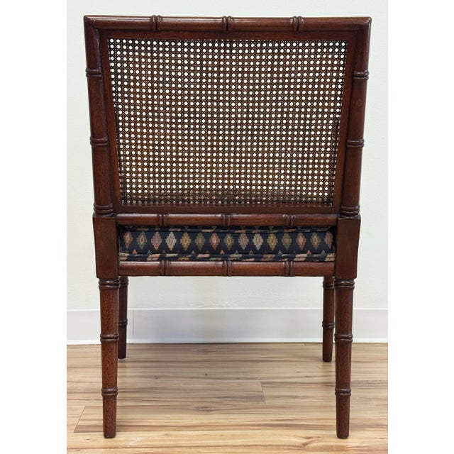 Wood Vintage Faux Bamboo Cane Back Upholstered Seat Arm Chair For Sale - Image 7 of 9