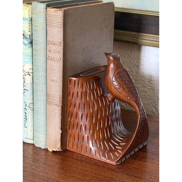 Whimsical carved wood bird bookend, a single. Likely mahogany or cherry. Please see condition details noted. Most items...
