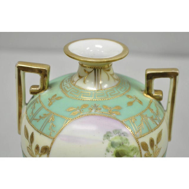 French Antique Nippon Porcelain Hand Painted Windmill Scene Green Small Bolted Vase (B) For Sale - Image 3 of 15