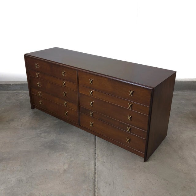 Paul Frankl for Johnson Furniture Mid Century Modern Walnut Dresser, 1950s — Vintage 10 Drawer Chest with Brass X Pulls A...