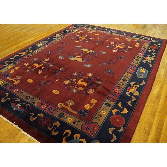 1900s Ruby Red Floral Medallion Antique Chinese Art Deco Rug Knotted Wool Carpet For Sale - Image 4 of 5