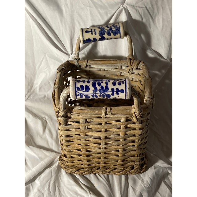 1910s Antique Basket With Delft Ceramic Handmade Basket. For Sale - Image 6 of 12
