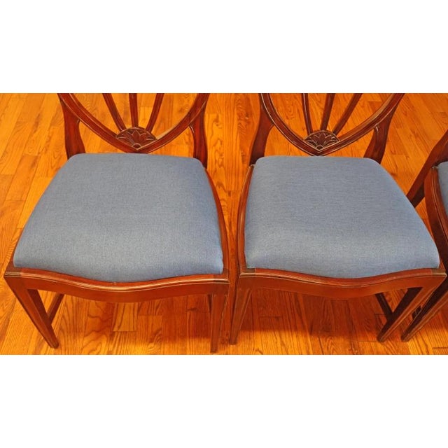 1990s Set of 8 Regency Style Solid Mahogany Fleur-De-Lis Blue Fabric Dining Chairs For Sale - Image 13 of 18