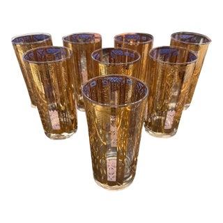 Vintage 1950s Gold and Lavender Highball Cocktail Glasses Set of 8 For Sale