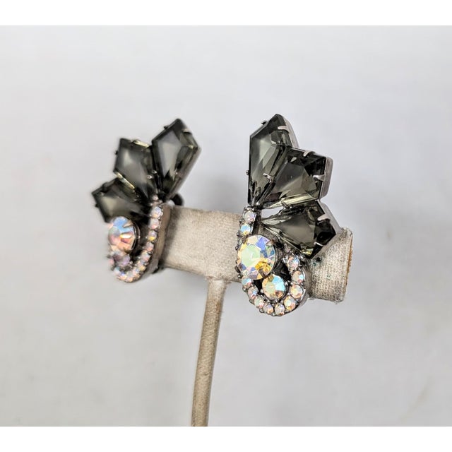 Mid-Century Modern Vintage 1960s Delizza & Elster Faux-Black Diamond & Aurora Borealis Clip Earrings-2 Pieces For Sale - Image 3 of 8