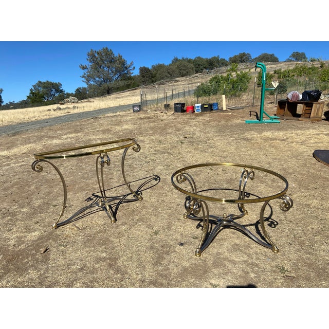 Coffee Vintage LaBarge Steel & Brass Hollywood Regency Maison Jansen Style Demi-Lune Table and Coffee Table Set of 2 For Sale - Image 8 of 12