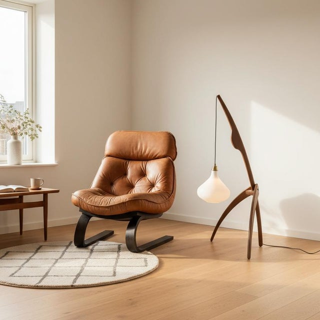 A beautiful and distinctive Danish floor lamp from the 1960s, inspired by the iconic “Bidsprinkhaan” (Praying Mantis)...
