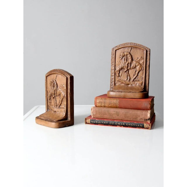 Farmhouse Vintage End of Trail Chalkware Bookends Pair For Sale - Image 3 of 13
