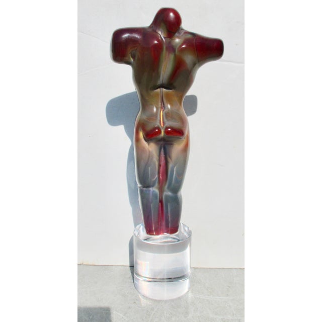 Dino Rosin Murano art glass, signed to the clear glass pedistal by hand. A solid glass torso with waves of color...
