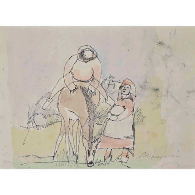 Mino Maccari, Peasants, Mixed Media on Paper, 1960s For Sale