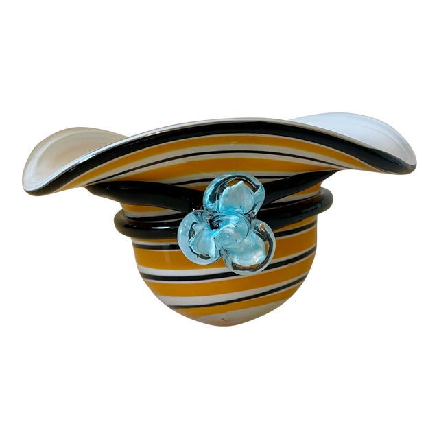 Vintage Block Crystal Hand-Blown Striped Art Glass Derby Hat Bowl For Sale