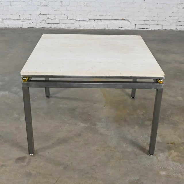 Modern Custom Tube Steel End Table With Travertine Top & Brass Plate Sphere Details by Jensen Design Inc For Sale - Image 13 of 13
