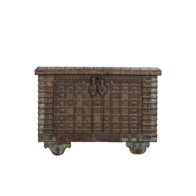 Antique Indian Painted Teakwood and Brass Pitara Chest Console For Sale - Image 4 of 8