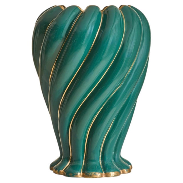 Italian Green Ceramic Swirl Vase, 1950s For Sale