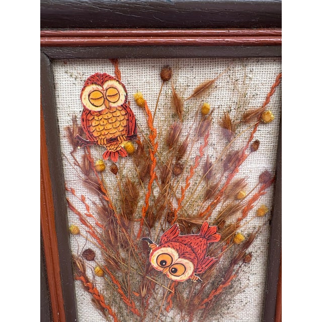 Mid-Century Modern MCM Vintage Mixed Media Owl & Botanical Wall Hanging Art For Sale - Image 3 of 8