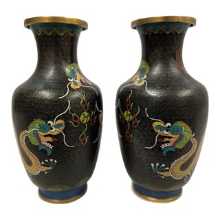 Early 20th Century Pair of Chinese Cloisonne Enamel Dragon Vases For Sale