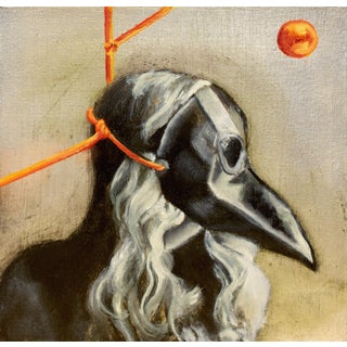 Anti-Social by Tammi Otis | Oil on Silver Leaf Panel Portrait of a figure with a bird mask. For Sale