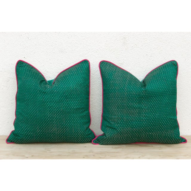 Mid 20th Century Pair of Pala Green Dotted Ahir Handloom Pillow For Sale - Image 5 of 7