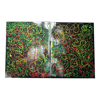 Oksana Babala Neon Diptych – Abstract Oil Painting on Canvas – 2‑in‑1 Set For Sale