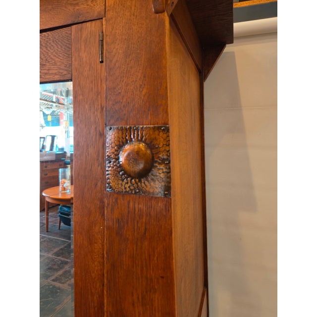 Arts & Crafts Liberty Style Oak Mission Armoire Hand Hammered Copper Accents For Sale In San Diego - Image 6 of 13