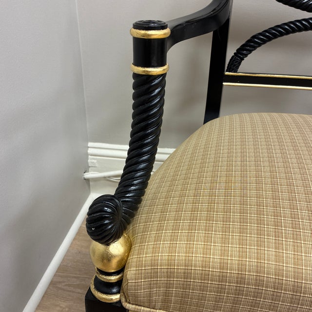 Metal Early 20th Century Regency Black and Gold Open Back Arm Chairs For Sale - Image 7 of 11