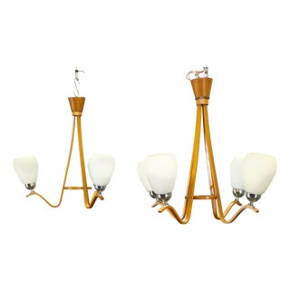 Mid-Century Czech Wood and Glass Chandeliers by Dřevo Humpolec, 1970s, Set of 2 For Sale