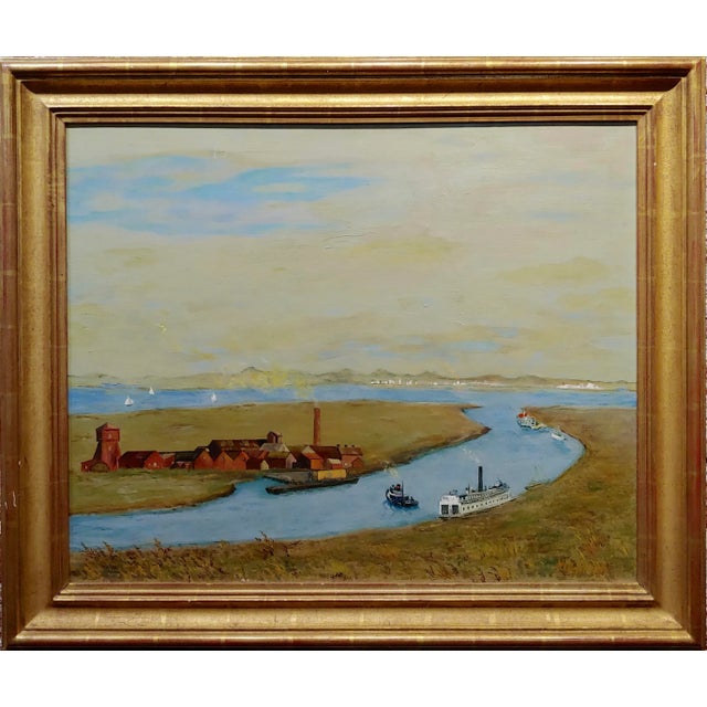 Harry Mayhew -Steamboats in Burlingame in the San Francisco Bay-Oil painting oil painting on canvas -Signed and dated 1960...