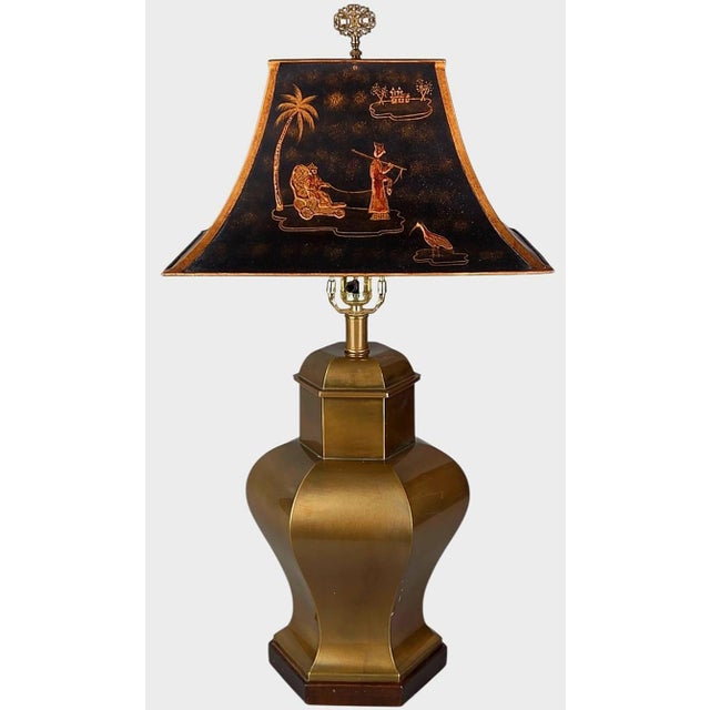 A solid brass hexagonal urn table lamp crafted by Chicago maker Frederick Cooper. The lamp features a flared six-sided...
