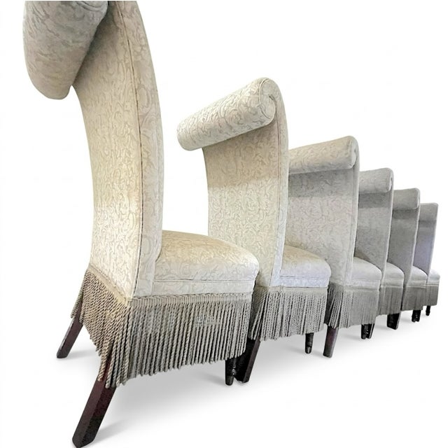 Designmaster for Domain Scroll-Back Damask Dining Chairs With Bullion Fringe & Turned Mahogany Legs, Set of 6 For Sale - Image 13 of 14