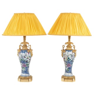 Porcelain Table Lamps Decorated with Bronze Satyrs, 1880s, Set of 2 For Sale