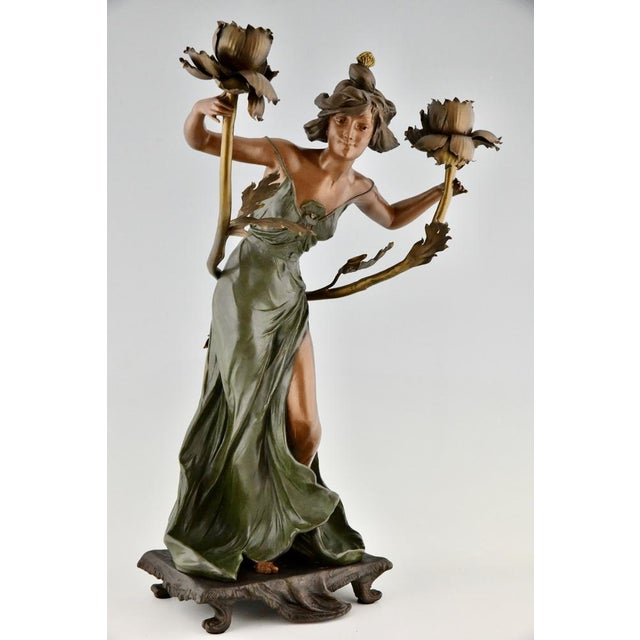 Metal Art Nouveau Candleholders with Flowers, 1900, Set of 2 For Sale - Image 7 of 12