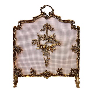 French Louis XVI Style Brass Fireplace Screen With Aged Patina Finish, 20th Century For Sale