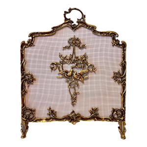 French Louis XVI Style Brass Fireplace Screen With Aged Patina Finish, 20th Century