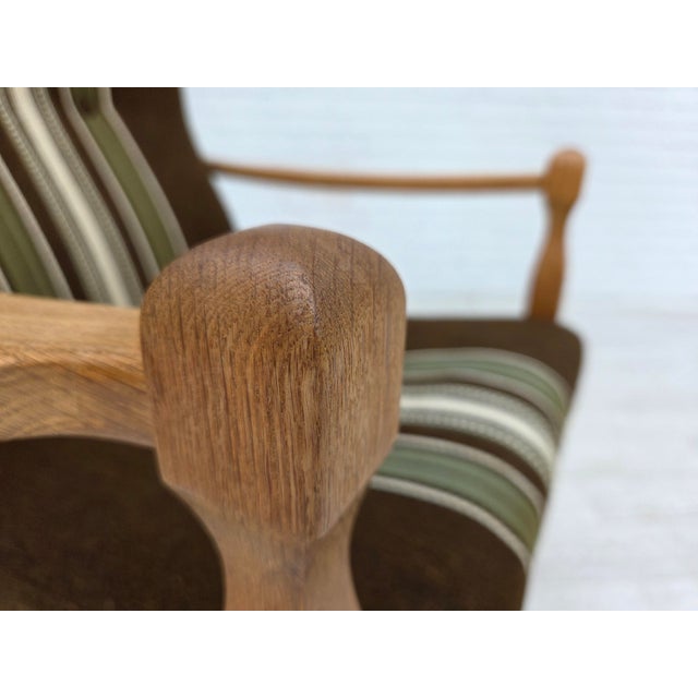 Danish Armchair in Striped Furniture Wool and Carved Oak Wood, 1970s For Sale - Image 4 of 17