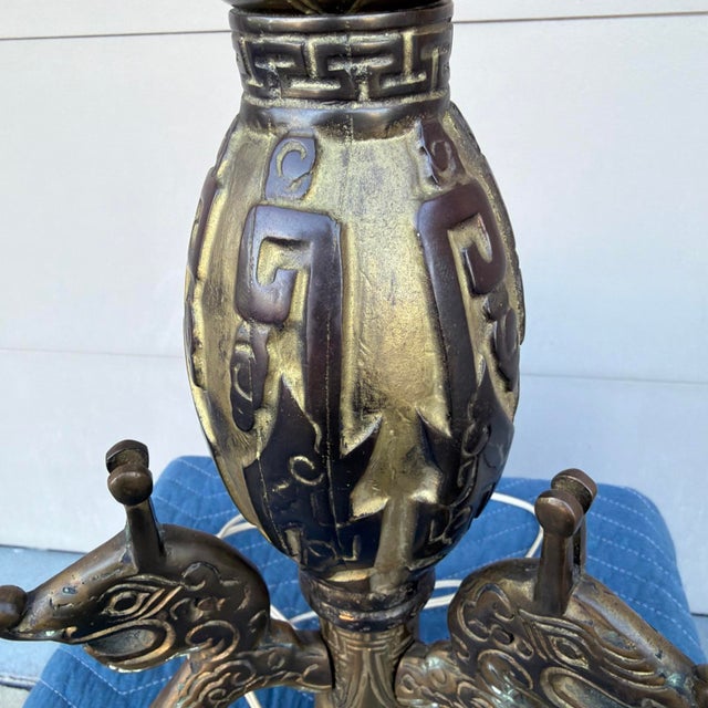 1970s Mid 20th Century Chinese Archaistic Cast Brass Dragon Table Lamp - Attributed to James Mont For Sale - Image 5 of 18